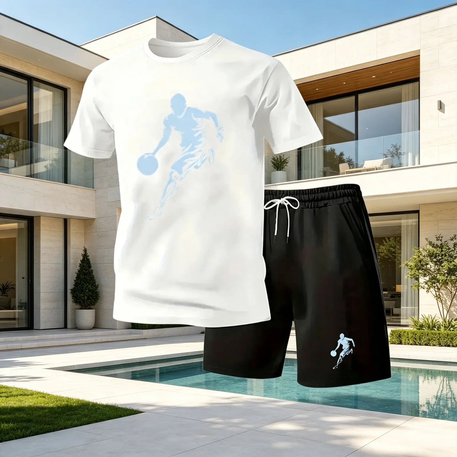 Men 2‑Piece Street Fashion Set, Crew Neck Quick‑Dry Short‑Sleeve T‑Shirt & Sports Shorts, Casual Summer Outfit for Running Gym