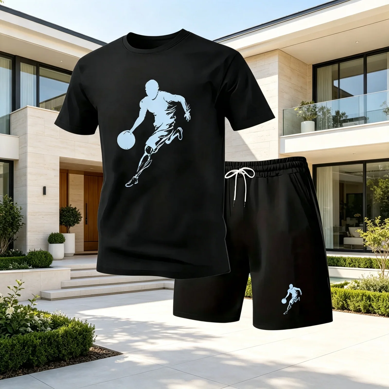 Men 2‑Piece Street Fashion Set, Crew Neck Quick‑Dry Short‑Sleeve T‑Shirt & Sports Shorts, Casual Summer Outfit for Running Gym
