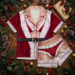 Men's Women's 3D Fake Abs Hairy Santa Pajama Set Funny Santa Fat Belly Ugly Christmas Pajamas Gift Cute 3D Holiday Pajama Set