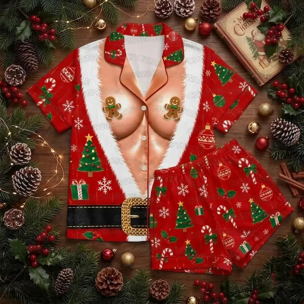 Men's Women's 3D Fake Abs Hairy Santa Pajama Set Funny Santa Fat Belly Ugly Christmas Pajamas Gift Cute 3D Holiday Pajama Set
