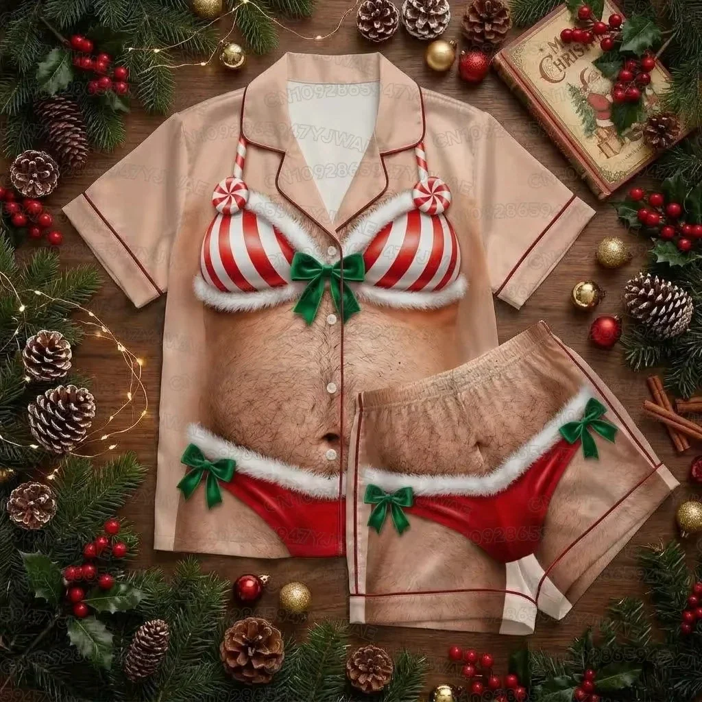 Men's Women's 3D Fake Abs Hairy Santa Pajama Set Funny Santa Fat Belly Ugly Christmas Pajamas Gift Cute 3D Holiday Pajama Set