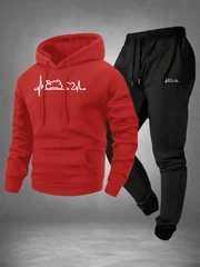 Men 2‑Piece Motorcycle Heartbeat Line Print Tracksuit ECG Graphic Hoodie Sweatpants Set Polyester Warm Jogging Suit With