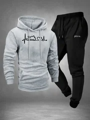 Men 2‑Piece Motorcycle Heartbeat Line Print Tracksuit ECG Graphic Hoodie Sweatpants Set Polyester Warm Jogging Suit With