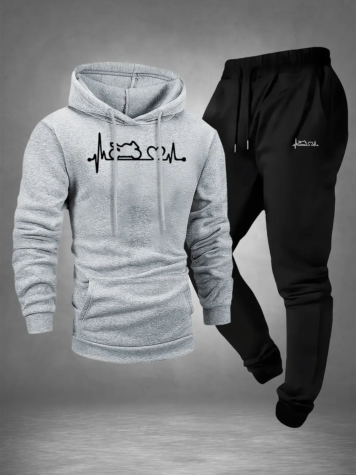 Men 2‑Piece Motorcycle Heartbeat Line Print Tracksuit ECG Graphic Hoodie Sweatpants Set Polyester Warm Jogging Suit With