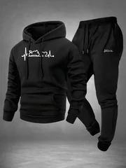 Men 2‑Piece Motorcycle Heartbeat Line Print Tracksuit ECG Graphic Hoodie Sweatpants Set Polyester Warm Jogging Suit With