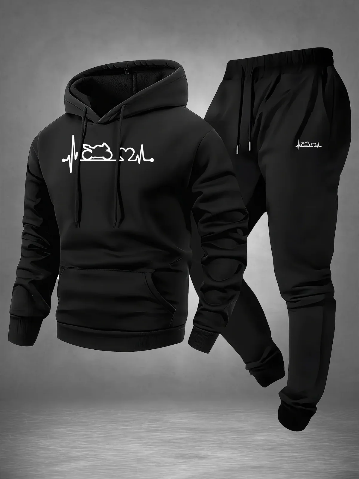 Men 2‑Piece Motorcycle Heartbeat Line Print Tracksuit ECG Graphic Hoodie Sweatpants Set Polyester Warm Jogging Suit With