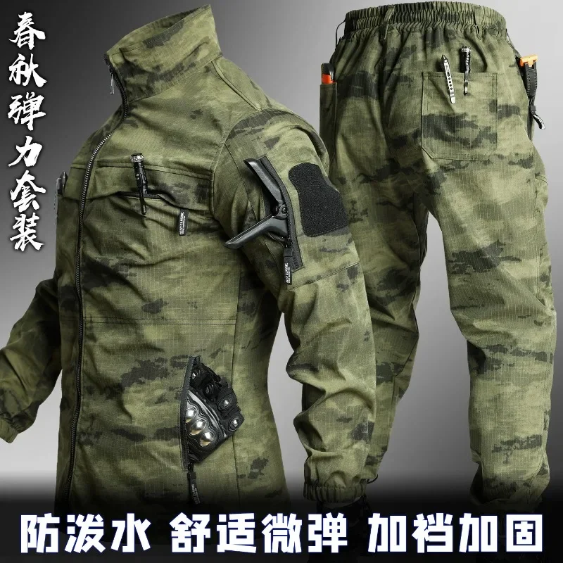 Men Spring Autumn Camo Stretch Tactical Work Suit Water Resistant Multi Pocket Outdoor Labor Uniform