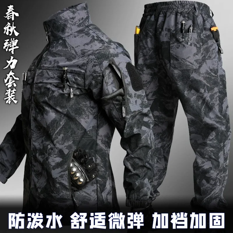 Men Spring Autumn Camo Stretch Tactical Work Suit Water Resistant Multi Pocket Outdoor Labor Uniform