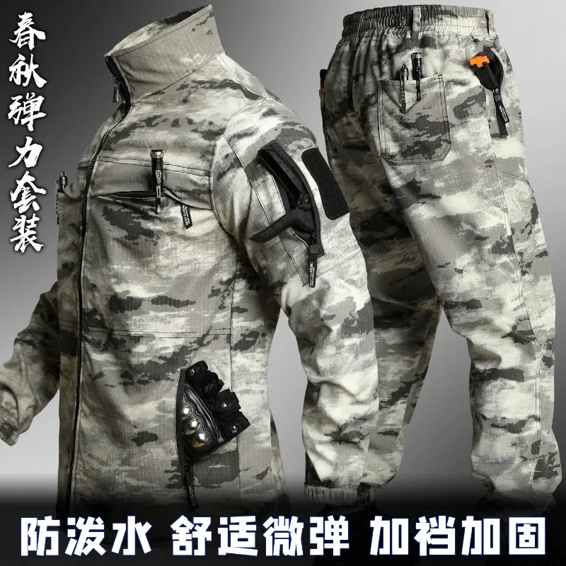 Men Spring Autumn Camo Stretch Tactical Work Suit Water Resistant Multi Pocket Outdoor Labor Uniform