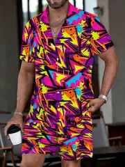 Men Loose Two‑Piece Set Retro Bold Graffiti Print Shirt Drawstring Short Pant Daily Leisure Outfit
