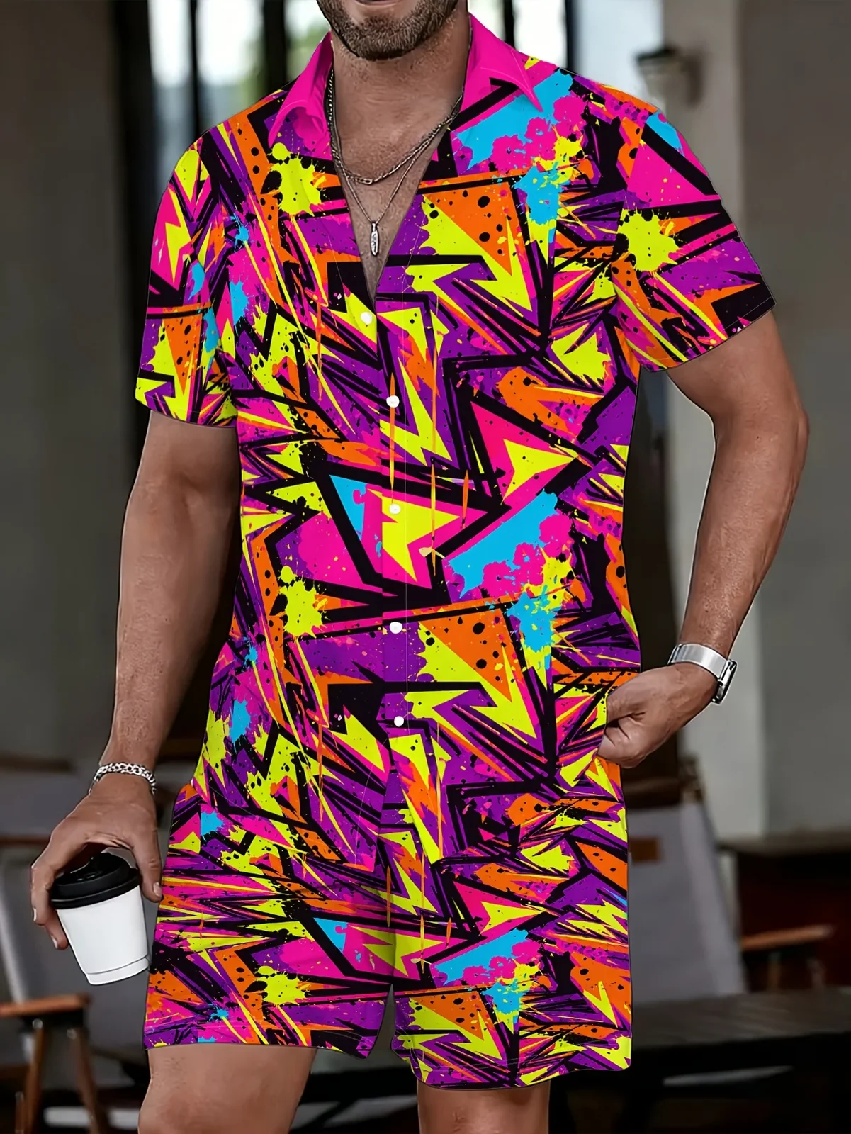 Men Loose Two‑Piece Set Retro Bold Graffiti Print Shirt Drawstring Short Pant Daily Leisure Outfit