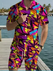 Men Loose Two‑Piece Set Retro Bold Graffiti Print Shirt Drawstring Short Pant Daily Leisure Outfit
