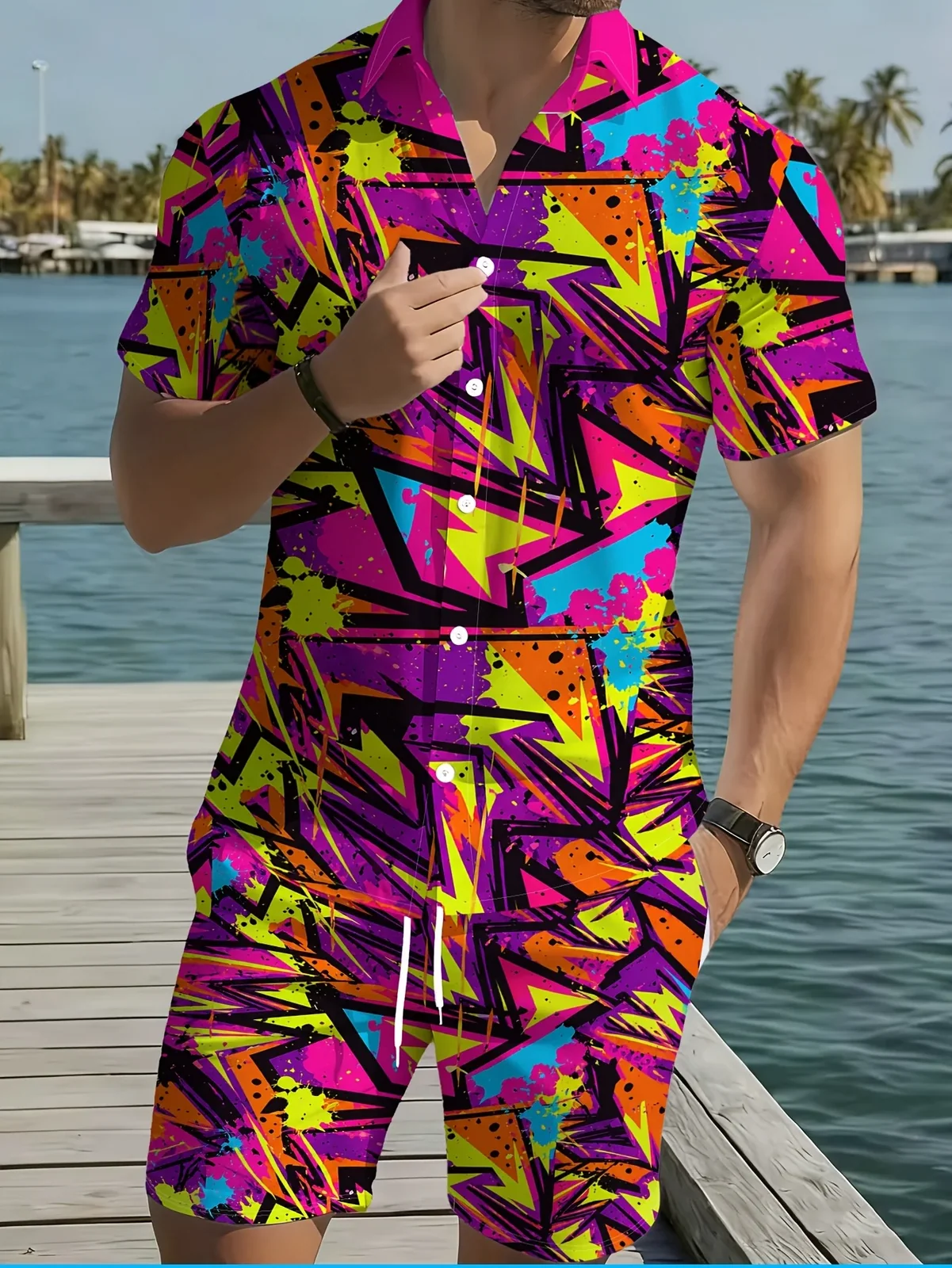 Men Loose Two‑Piece Set Retro Bold Graffiti Print Shirt Drawstring Short Pant Daily Leisure Outfit