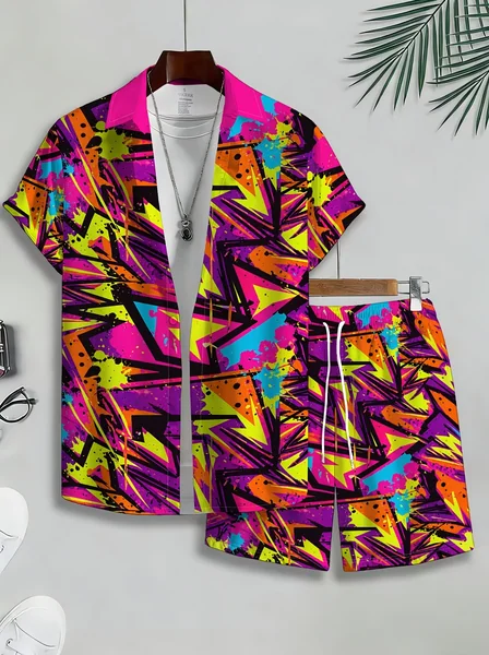 Men Loose Two‑Piece Set Retro Bold Graffiti Print Shirt Drawstring Short Pant Daily Leisure Outfit