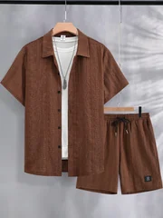 Men's Tan Diamond-Shaped Jacquard Hollow-Out Lapel Short-Sleeve Shirt and Shorts Two-Piece Set, Textured Breathable Summer Casual Outfit, Men's Retro Complete Outfit Set