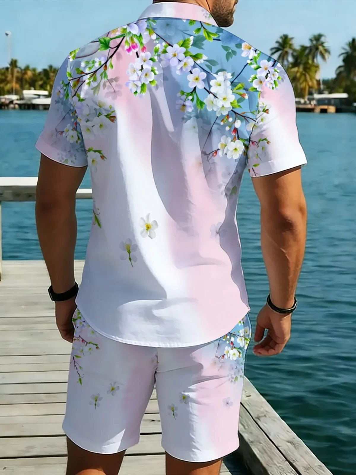 Men's Hawaiian 2-Piece Set Gradient Cherry Blossom Print Youthful vitality Shirt Shorts Holiday Beach Summer Outfit