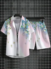 Men's Hawaiian 2-Piece Set Gradient Cherry Blossom Print Youthful vitality Shirt Shorts Holiday Beach Summer Outfit