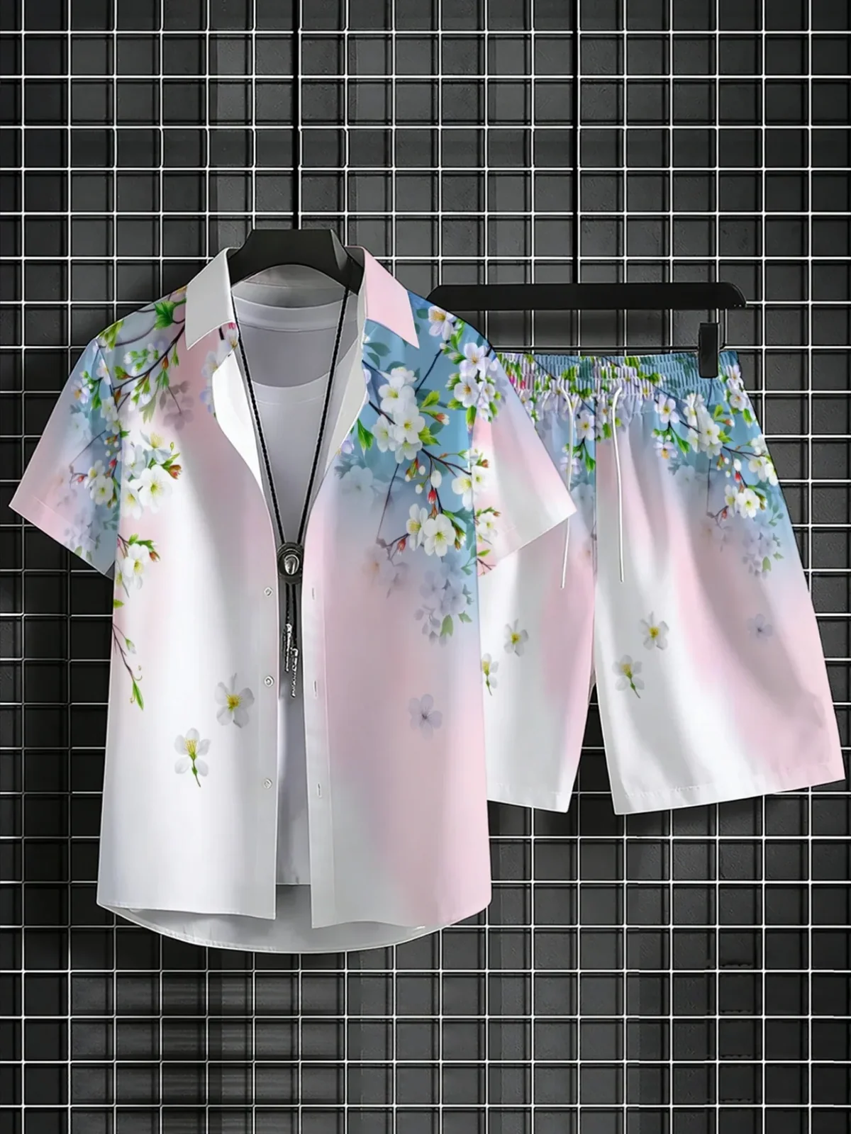 Men's Hawaiian 2-Piece Set Gradient Cherry Blossom Print Youthful vitality Shirt Shorts Holiday Beach Summer Outfit