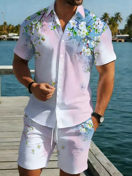 Men's Hawaiian 2-Piece Set Gradient Cherry Blossom Print Youthful vitality Shirt Shorts Holiday Beach Summer Outfit