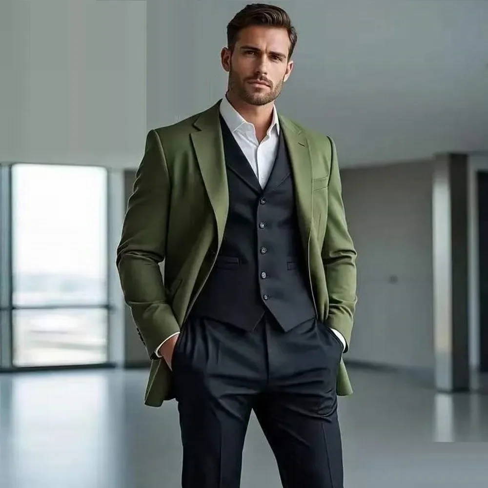 Fashion Army Green And Black Formal Men Suit Wedding Party Groom Groomsman Male Tuxedos Costume 3 Piece Set Jacket Vest Pants B2