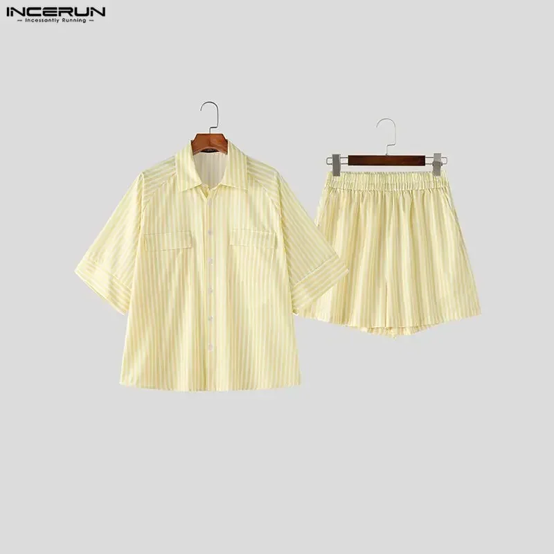 INCERUN Men's Striped Sets Summer Casual Lapel Short Sleeve Shirts Shorts Two Piece Sets Streetwear Loose 2026 Men Matching Sets