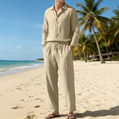 Summer Outfit Men 2 Piece Set Light Blue Button Front Shirts Beige Drawstring Waist Pants Gray Casual Shirt White Linen Shirt