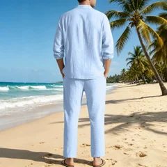 Summer Outfit Men 2 Piece Set Light Blue Button Front Shirts Beige Drawstring Waist Pants Gray Casual Shirt White Linen Shirt