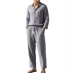 Summer Outfit Men 2 Piece Set Light Blue Button Front Shirts Beige Drawstring Waist Pants Gray Casual Shirt White Linen Shirt