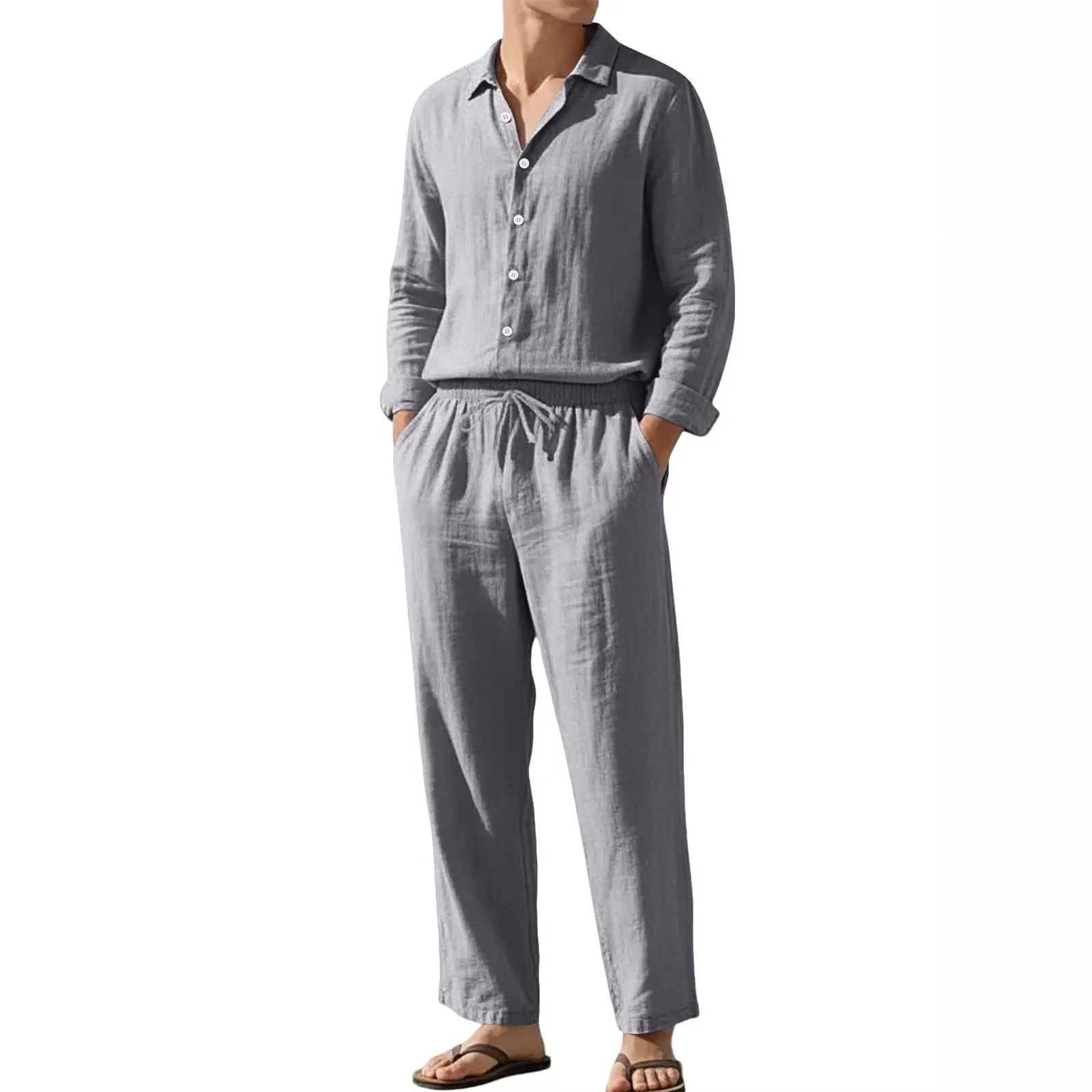Summer Outfit Men 2 Piece Set Light Blue Button Front Shirts Beige Drawstring Waist Pants Gray Casual Shirt White Linen Shirt