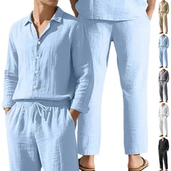 Summer Outfit Men 2 Piece Set Light Blue Button Front Shirts Beige Drawstring Waist Pants Gray Casual Shirt White Linen Shirt