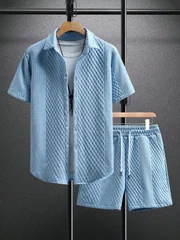 Summer New Men's Casual White Sportswear Shirt with A Lapel Men's Short-sleeved Button Shirt and Shorts Jacquard Texture Suit