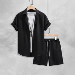 Summer New Men's Casual White Sportswear Shirt with A Lapel Men's Short-sleeved Button Shirt and Shorts Jacquard Texture Suit