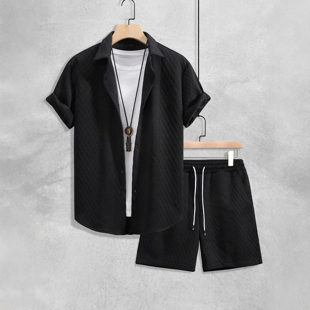 Summer New Men's Casual White Sportswear Shirt with A Lapel Men's Short-sleeved Button Shirt and Shorts Jacquard Texture Suit