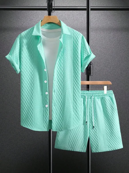 Summer New Men's Casual White Sportswear Shirt with A Lapel Men's Short-sleeved Button Shirt and Shorts Jacquard Texture Suit