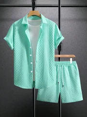 Summer New Men's Casual White Sportswear Shirt with A Lapel Men's Short-sleeved Button Shirt and Shorts Jacquard Texture Suit