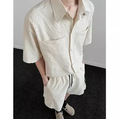 Men's Summer 2 Piece Outfit, Lightweight Bubble Texture Short Sleeve Shirt & Shorts Set, Loose Fit Multi Pocket Casual Daily