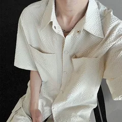Men's Summer 2 Piece Outfit, Lightweight Bubble Texture Short Sleeve Shirt & Shorts Set, Loose Fit Multi Pocket Casual Daily