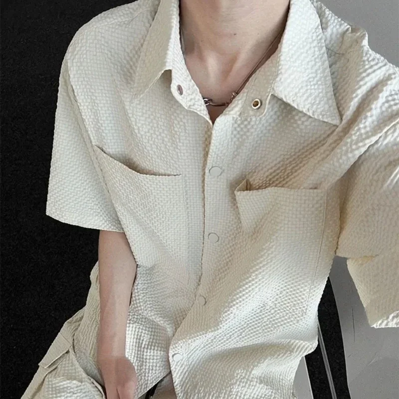 Men's Summer 2 Piece Outfit, Lightweight Bubble Texture Short Sleeve Shirt & Shorts Set, Loose Fit Multi Pocket Casual Daily