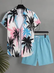 Summer Hawaiian Beach Print Shirt and Shorts Set Simple and Comfortable Collared Button-Down Design Men's Two-Piece Set