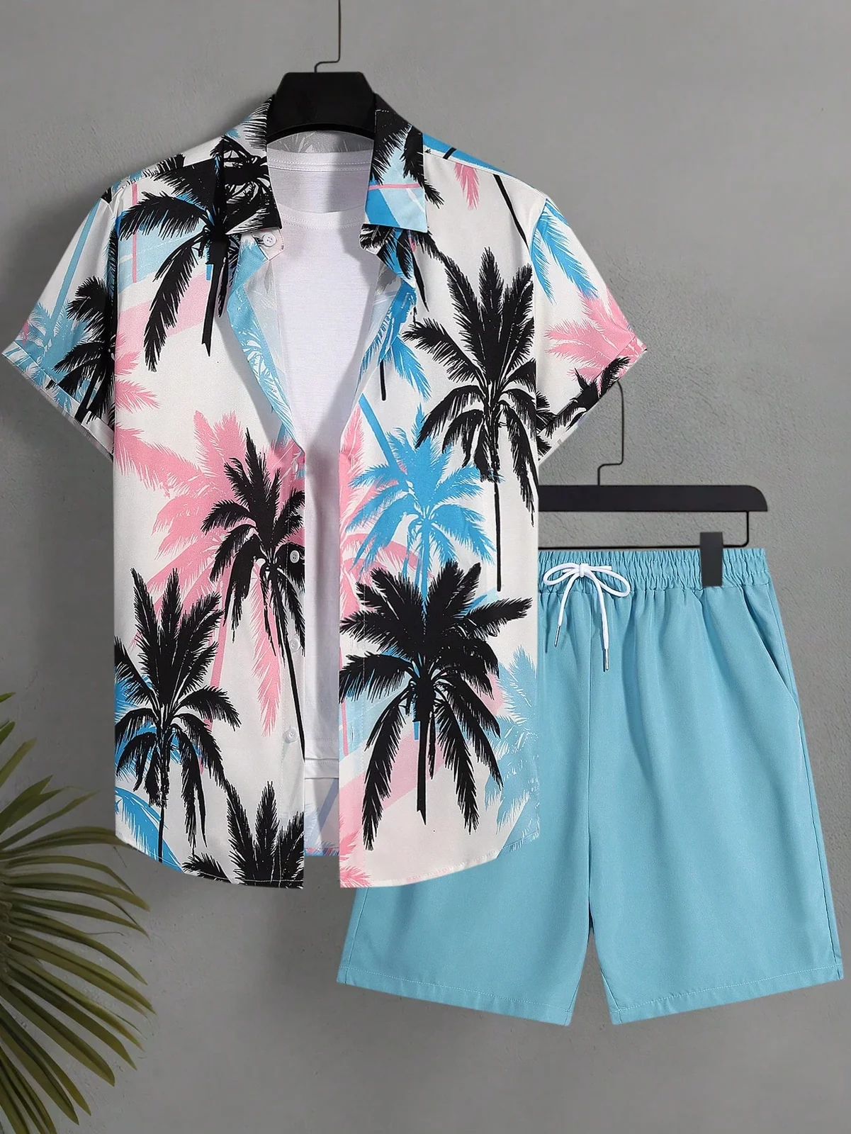 Summer Hawaiian Beach Print Shirt and Shorts Set Simple and Comfortable Collared Button-Down Design Men's Two-Piece Set