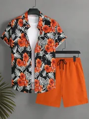 Summer Hawaiian Beach Print Shirt and Shorts Set Simple and Comfortable Collared Button-Down Design Men's Two-Piece Set
