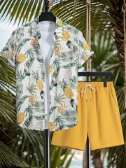 Summer Hawaiian Beach Print Shirt and Shorts Set Simple and Comfortable Collared Button-Down Design Men's Two-Piece Set