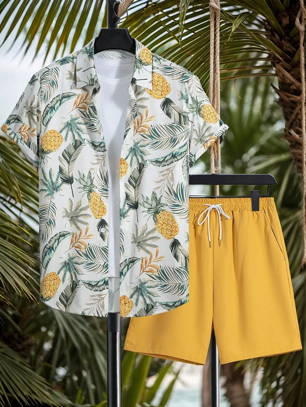 Summer Hawaiian Beach Print Shirt and Shorts Set Simple and Comfortable Collared Button-Down Design Men's Two-Piece Set