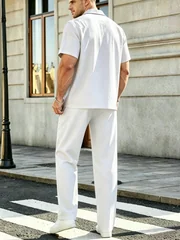 Men's 2 Pcs Outfit Set Solid Color Cuban Collar Short Sleeve Button Down Shirt Wide Leg Loose Pants Vacation Casual Resort Wear