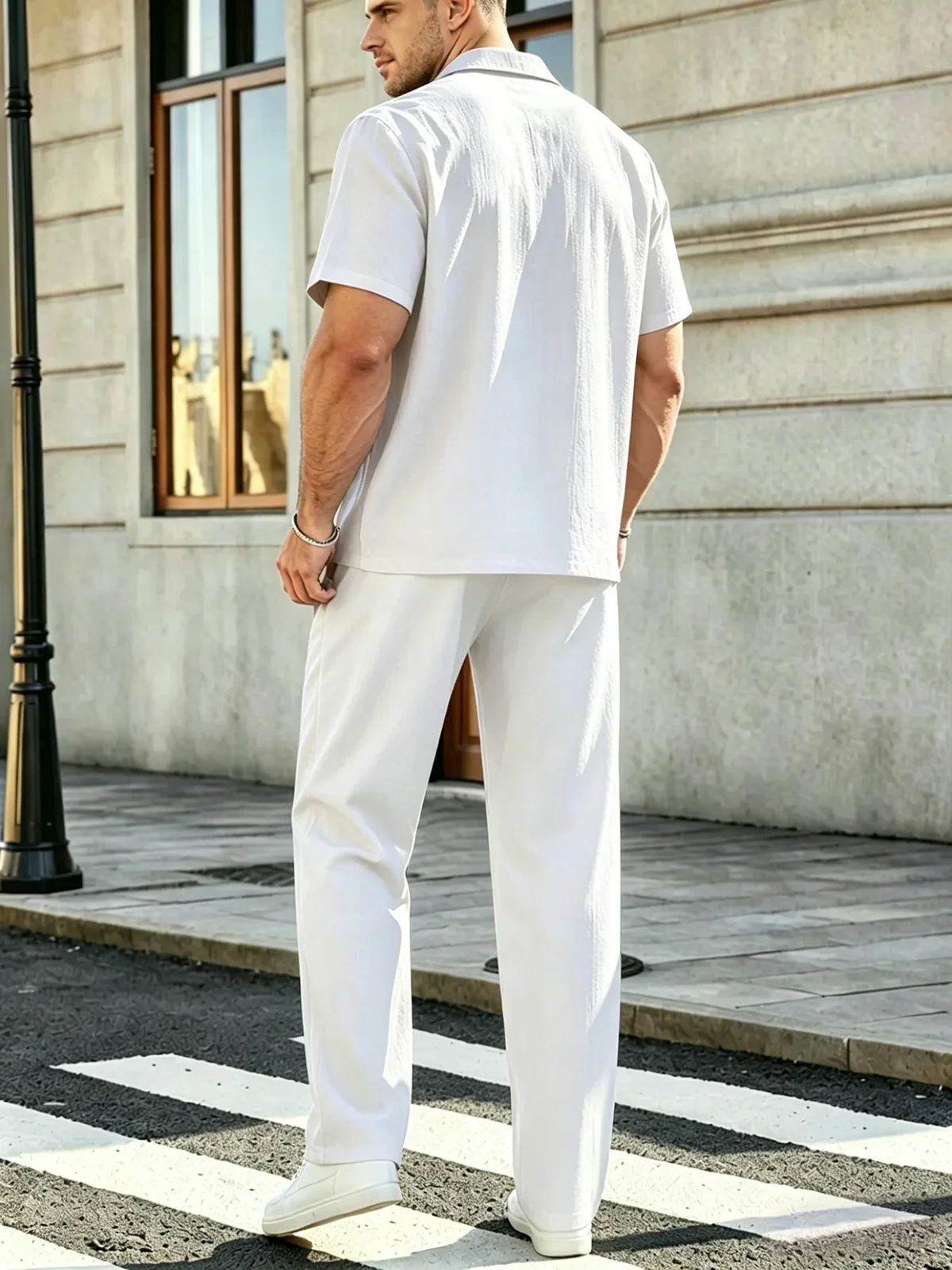 Men's 2 Pcs Outfit Set Solid Color Cuban Collar Short Sleeve Button Down Shirt Wide Leg Loose Pants Vacation Casual Resort Wear