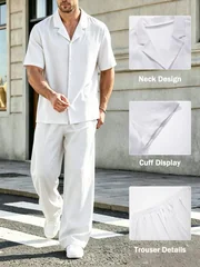 Men's 2 Pcs Outfit Set Solid Color Cuban Collar Short Sleeve Button Down Shirt Wide Leg Loose Pants Vacation Casual Resort Wear