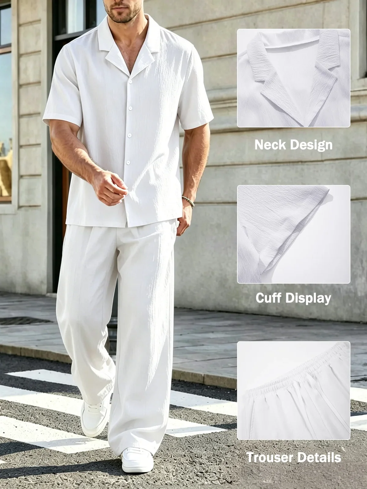 Men's 2 Pcs Outfit Set Solid Color Cuban Collar Short Sleeve Button Down Shirt Wide Leg Loose Pants Vacation Casual Resort Wear