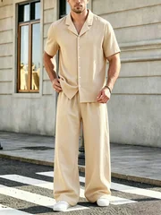 Men's 2 Pcs Outfit Set Solid Color Cuban Collar Short Sleeve Button Down Shirt Wide Leg Loose Pants Vacation Casual Resort Wear