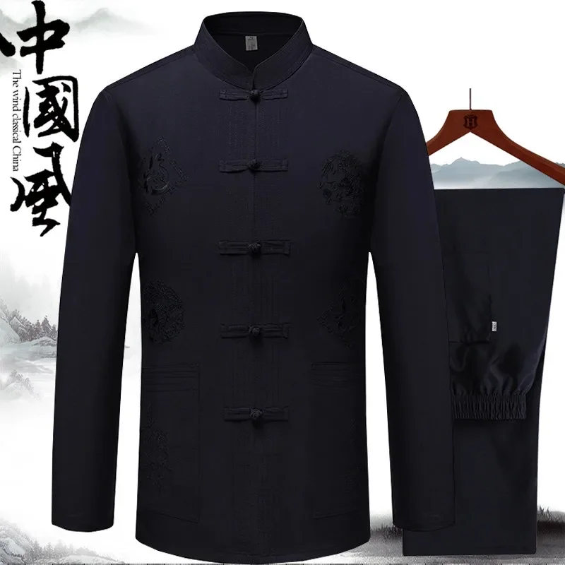 Men Middle Aged Elderly Tang Suit Two Piece Set Spring Autumn Chinese Style Traditional Outfit For Dad Grandpa Thin Version