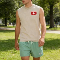 Casual Summer Men's 2 Piece Outfit: Vintage Washed Sleeveless Tee & Pinstripe Quick Dry Swim Shorts Set with Flag Graphic Print